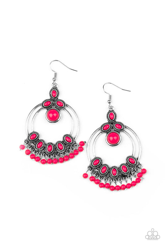 Palm Breeze - Pink Peacock Beaded Accents/ Silver Hoops/Dainty Beaded Fringe Earrings