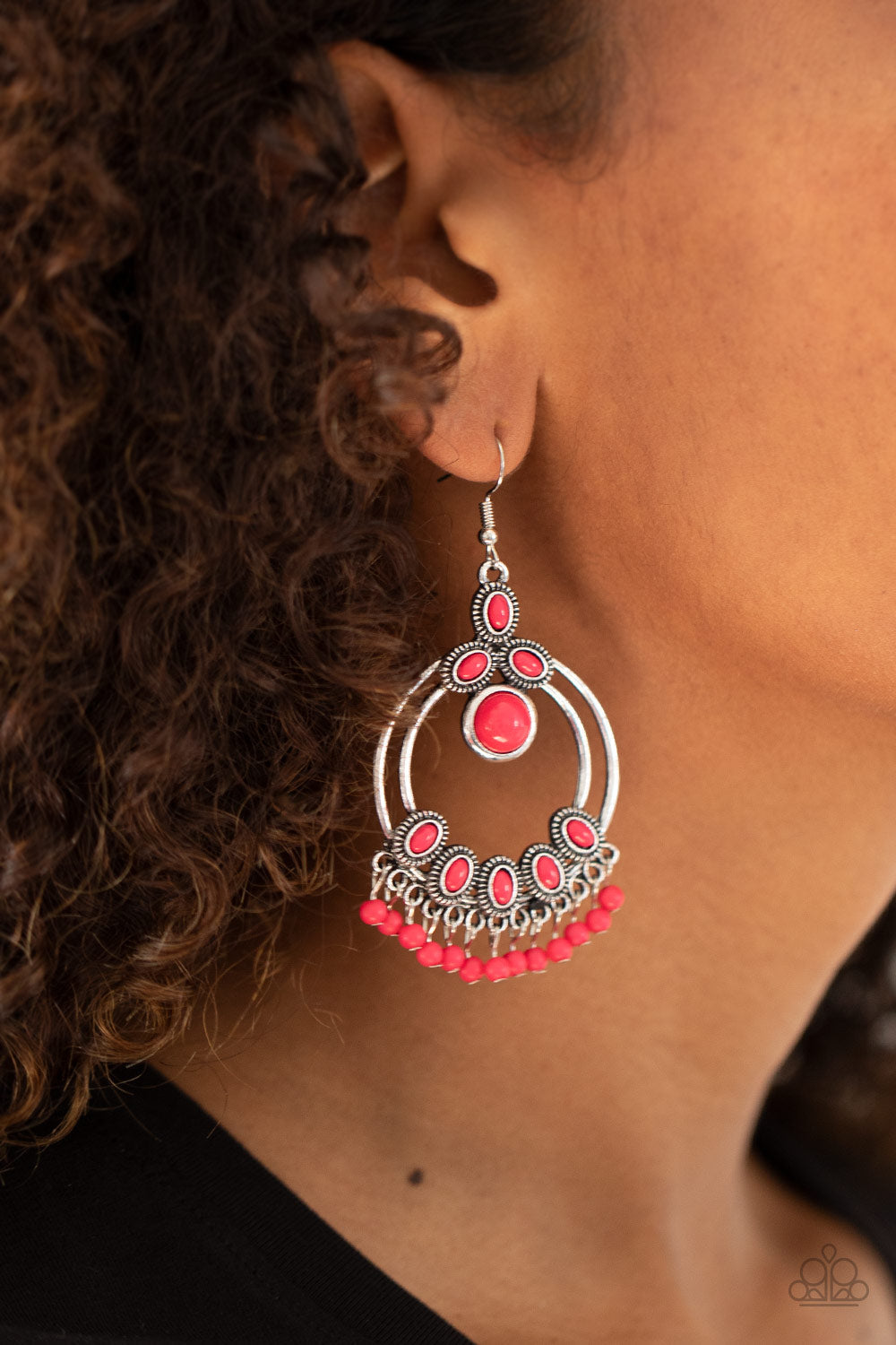 Palm Breeze - Pink Peacock Beaded Accents/ Silver Hoops/Dainty Beaded Fringe Earrings