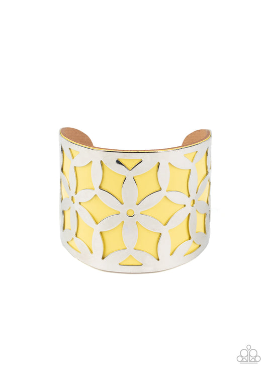 Garden Fiesta - Yellow Leather/Silver Daisy Stenciled Cuff Bracelet