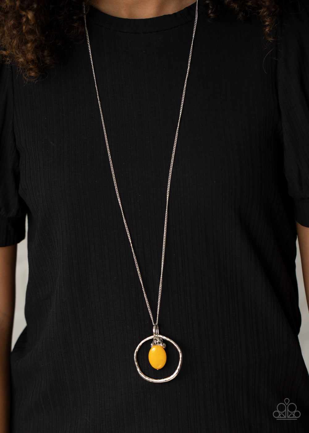 Zion Zen - Yellow Stone, Silver Beads, Dainty Silver Ring Asymmetrical Hoop Pendant Necklace & matching earrings