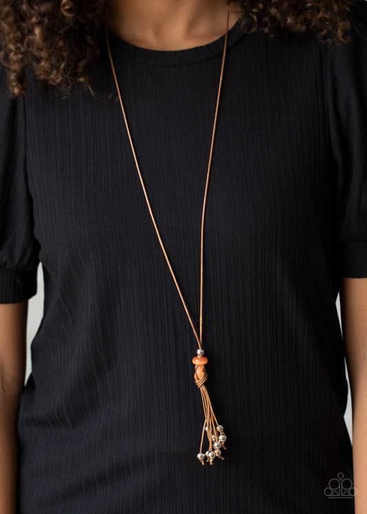 Ocean Child - Orange Beads/Silver Beaded Tassels/Brown Cording Urban Necklace