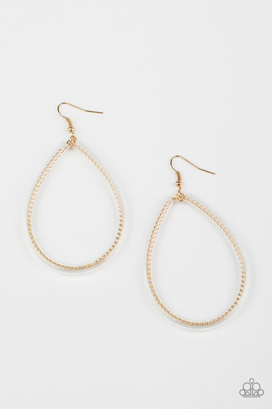 Just ENCASE You Missed It - Gold Chain-Like Wire/Invisible Tube Edgy Teardrop Earrings
