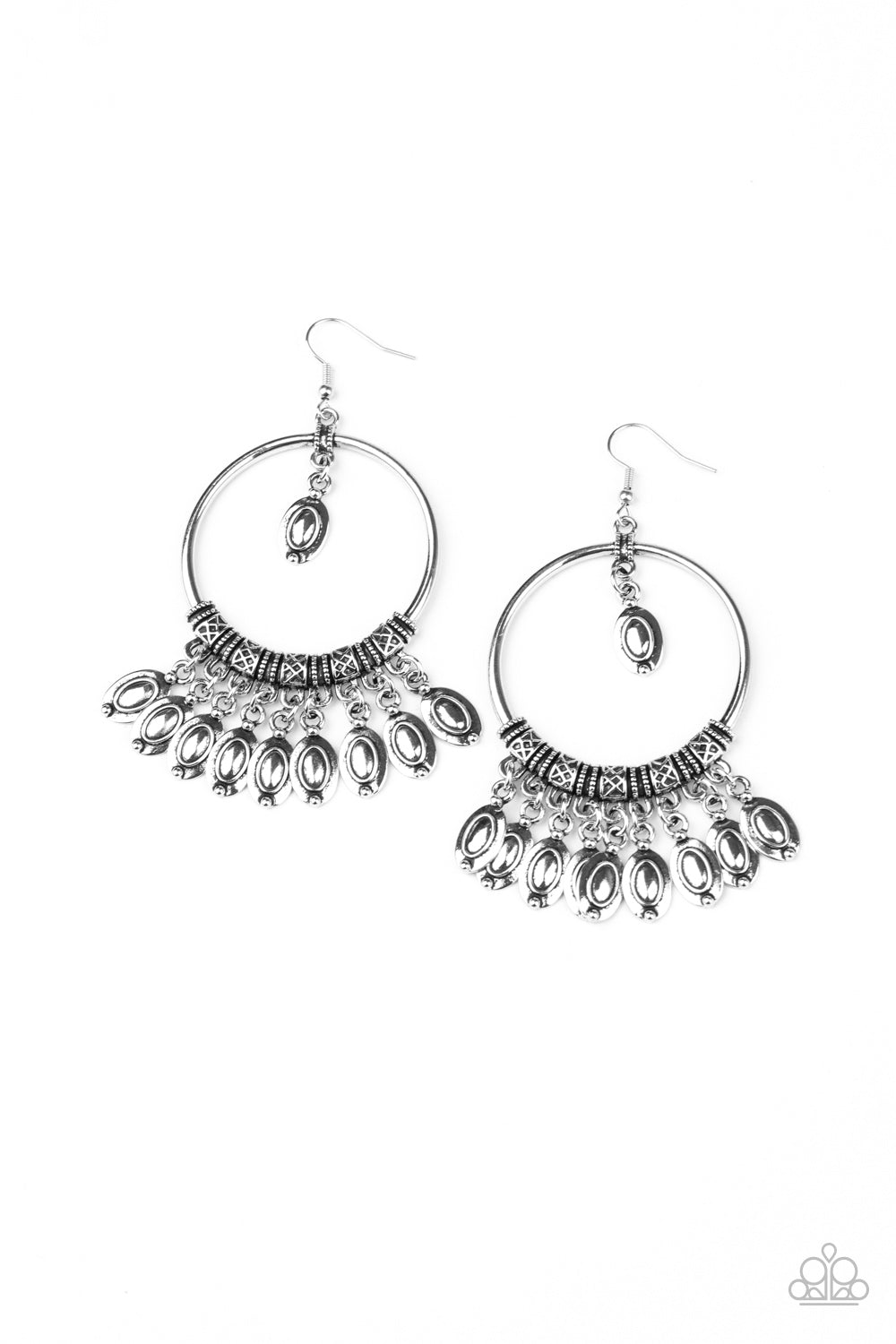 Metallic Harmony - Silver Decorative Beaded Ornate Silver Hoop Tribal Inspired Earrings