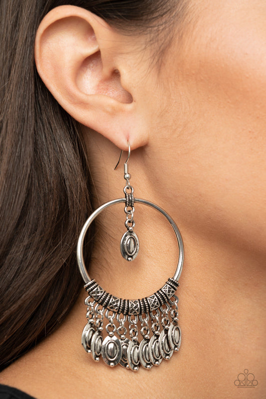 Metallic Harmony - Silver Decorative Beaded Ornate Silver Hoop Tribal Inspired Earrings