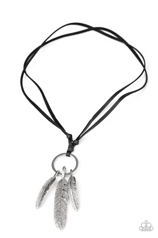 Bird Watcher - Black Leather Cording / Mismatched Silver Feather Charm Urban Necklace