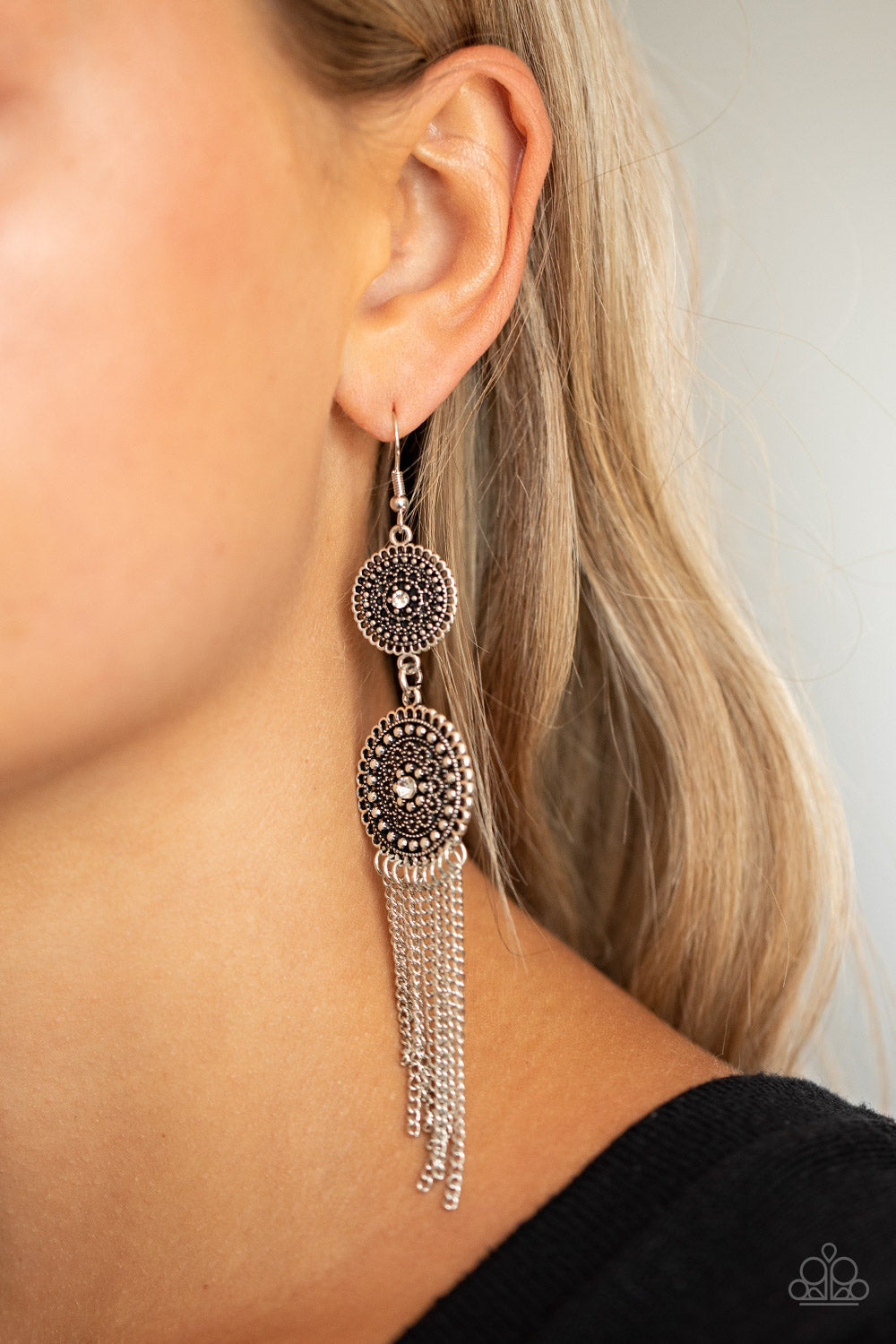 Medallion Mecca - White Rhinestone Center/Silver Floral Frames/Silver Chain Fringe Paparazzi  Earrings