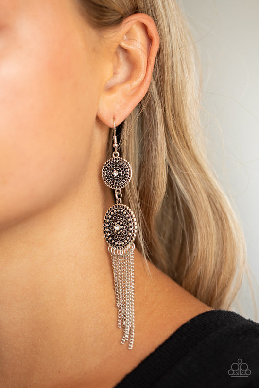 Medallion Mecca - White Rhinestone Center/Silver Floral Frames/Silver Chain Fringe Paparazzi  Earrings