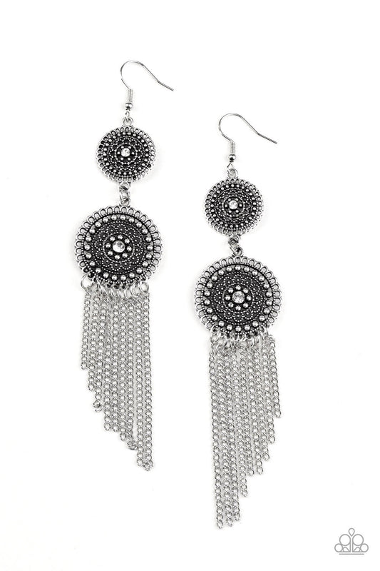 Medallion Mecca - White Rhinestone Center/Silver Floral Frames/Silver Chain Fringe Paparazzi  Earrings