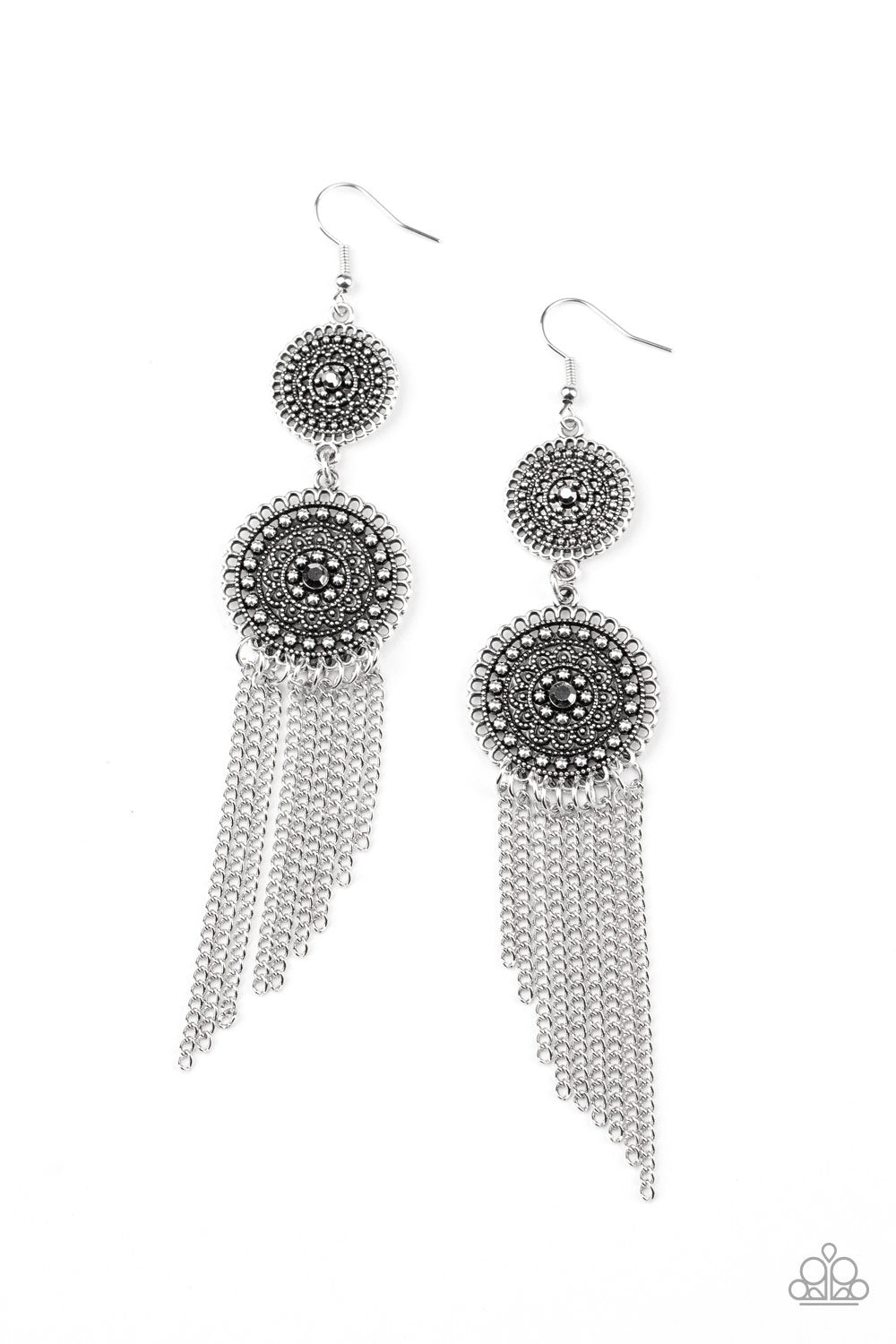 Medallion Mecca - Silver Studded Floral Frames/Silver Chain Fringe/Hematite Rhinestone Center Earrings