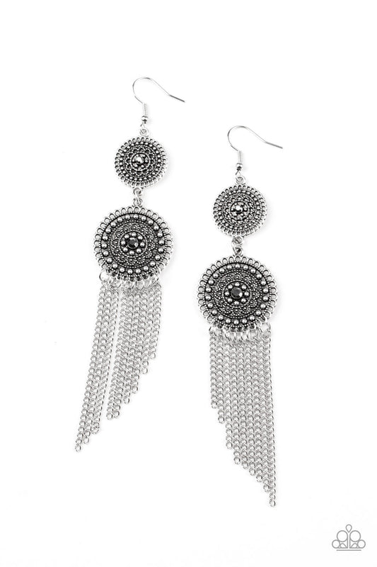 Medallion Mecca - Silver Studded Floral Frames/Silver Chain Fringe/Hematite Rhinestone Center Earrings