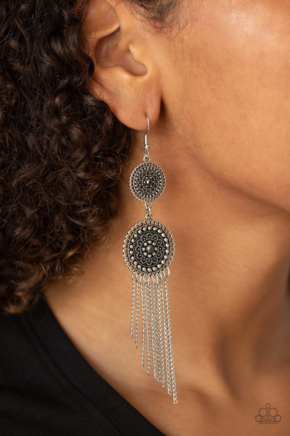 Medallion Mecca - Silver Studded Floral Frames/Silver Chain Fringe/Hematite Rhinestone Center Earrings