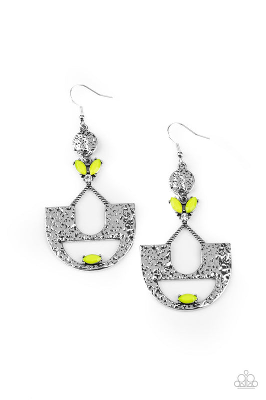 Modern Day Mecca - Yellow Beads/White Rhinestone/Abstract Crescent Frame Earrings