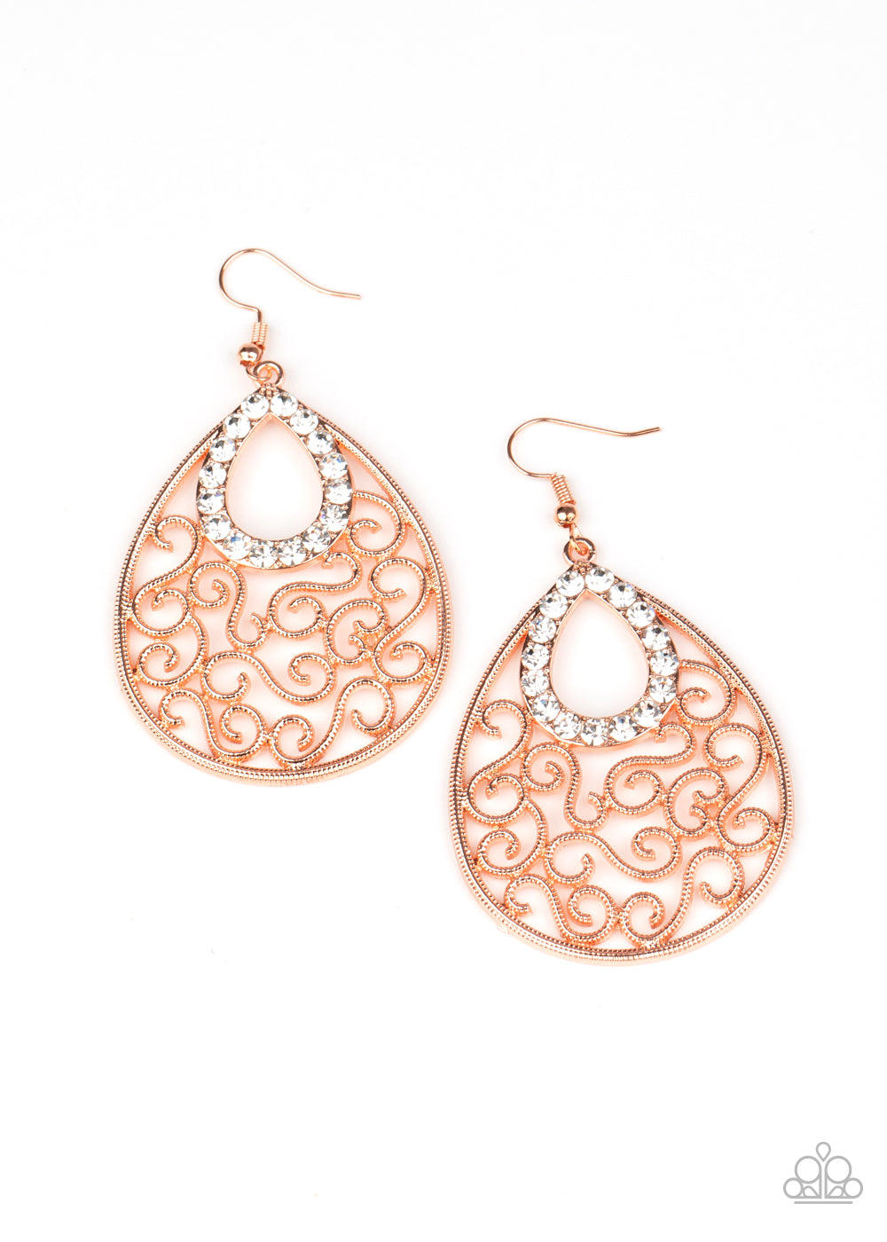 Seize The Stage - Copper Vine-Like Filigree Teardrop/White Rhinestone Center Earrings