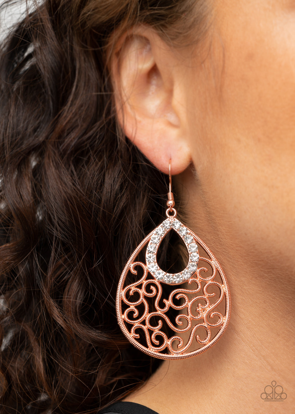 Seize The Stage - Copper Vine-Like Filigree Teardrop/White Rhinestone Center Earrings