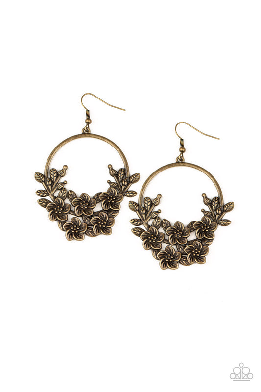 Eden Essence - Brass Leafy Floral Frame Hoop Earrings