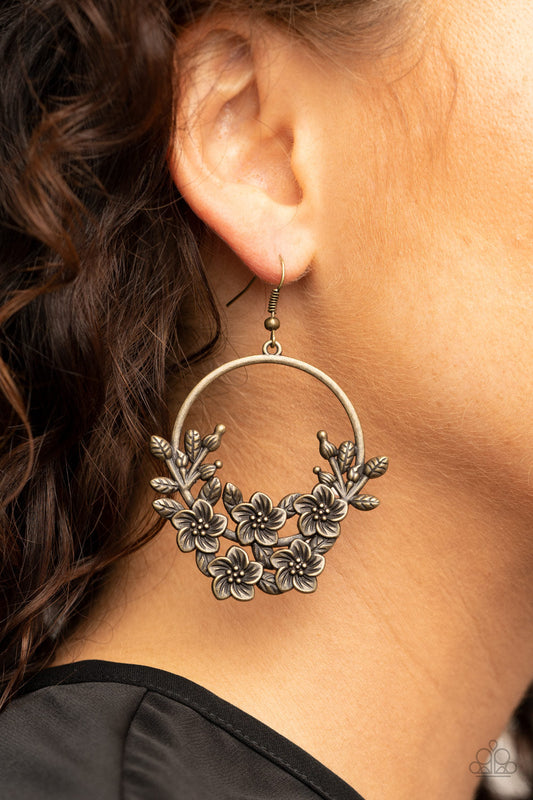 Eden Essence - Brass Leafy Floral Frame Hoop Earrings
