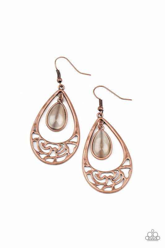 DEW You Feel Me? - Copper Floral Filigree Teardrop Frame/White Cat's Eye Teardrop Earrings