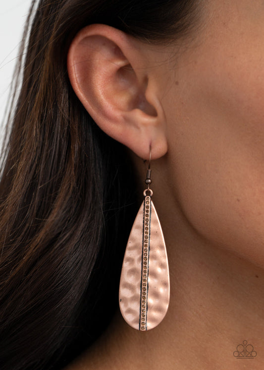 On The Up and UPSCALE - Copper Hammered Teardrop & Dainty Topaz Rhinestone Earrings
