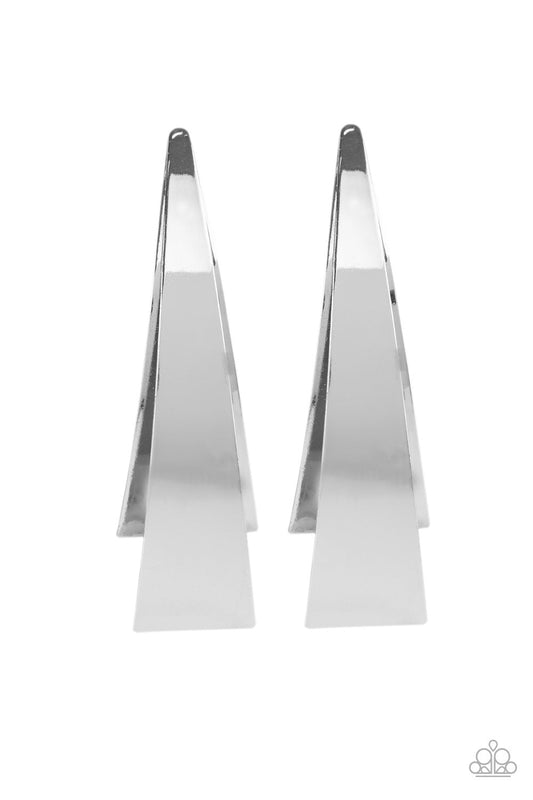 Underestimated Edge - Silver Triangular Stacked & Curled Half-Hoop Earrings