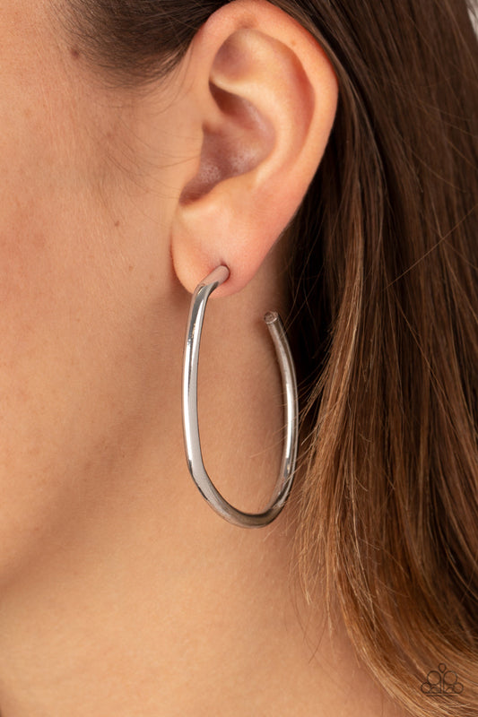 Rough It Up - Silver Bended Bar Asymmetrical Hoop Earrings