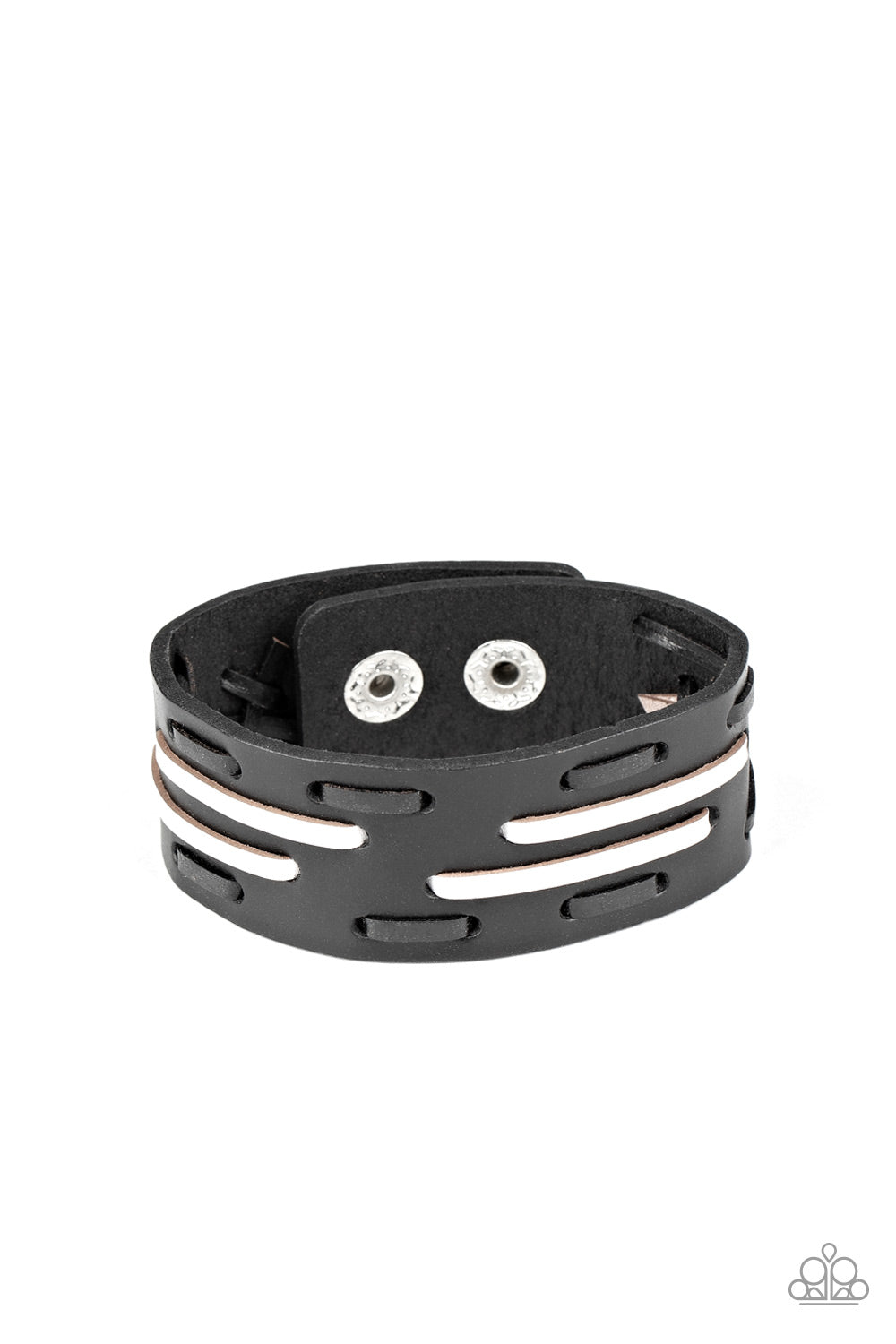 Cowboy Boot Camp - Black & White Leather Laces/Thick Black Leather Snap Bracelet