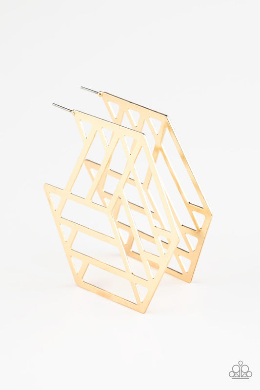 Gotta Get GEO-ing - Gold Edgy Hexagonal Frame Geometric Paparazzi Hoop Earrings