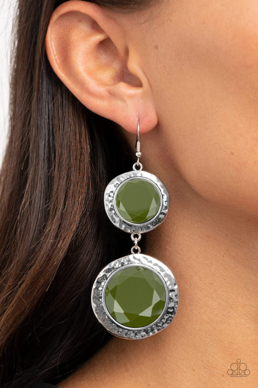 Thrift Shop Stop - Green Olive Beads/Hammered Silver Linked Frame Earrings