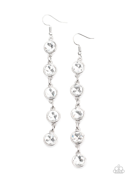 Trickle Down Twinkle - White Oversized Rhinestone Elongated Lure Earrings