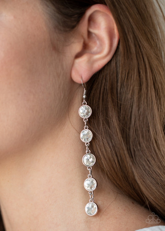 Trickle Down Twinkle - White Oversized Rhinestone Elongated Lure Earrings