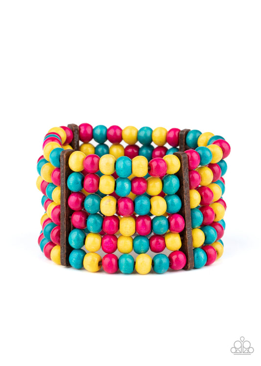 Tanning in Tanzania - Multi Pink, Yellow, & Blue Wooden Beaded Paparazzi Stretch Bracelet