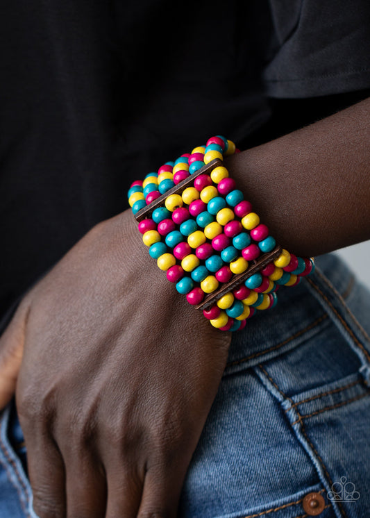 Tanning in Tanzania - Multi Pink, Yellow, & Blue Wooden Beaded Paparazzi Stretch Bracelet