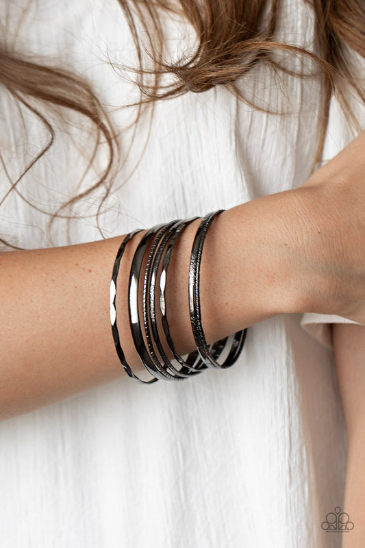 Top Of The Heap - Gunmetal Array of Smooth, Hammered, & Rope-Like Set of 7 Bangle Bracelets