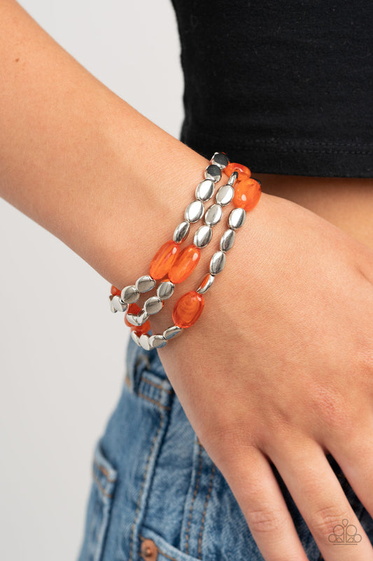 Sorry to Burst Your BAUBLE - Orange Amberglow & Flat Silver Beaded Set of 3 Stretch Bracelets