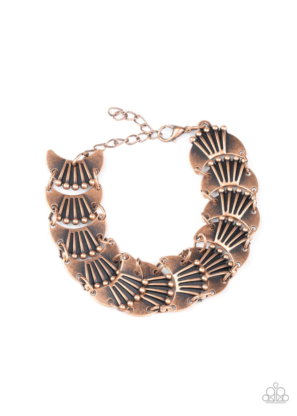 Moonlit Mesa - Copper Studded & Linear Texture Crescent Linked Frame Adjustable Bracelet