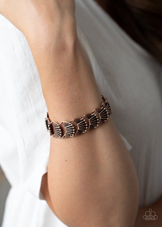 Moonlit Mesa - Copper Studded & Linear Texture Crescent Linked Frame Adjustable Bracelet