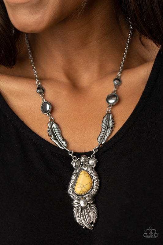 Ruler of The Roost - Yellow Stone Pendant/Silver Feather Frame Necklace & matching earrings