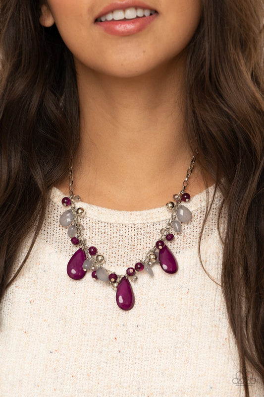 Seaside Solstice - Purple, Sleet, Silver, & Iridescent Beaded Fringe Necklace & matching earrings