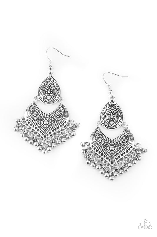 Music To My Ears - Silver Studded & Embossed Tribal Inspired Paparazzi Earrings