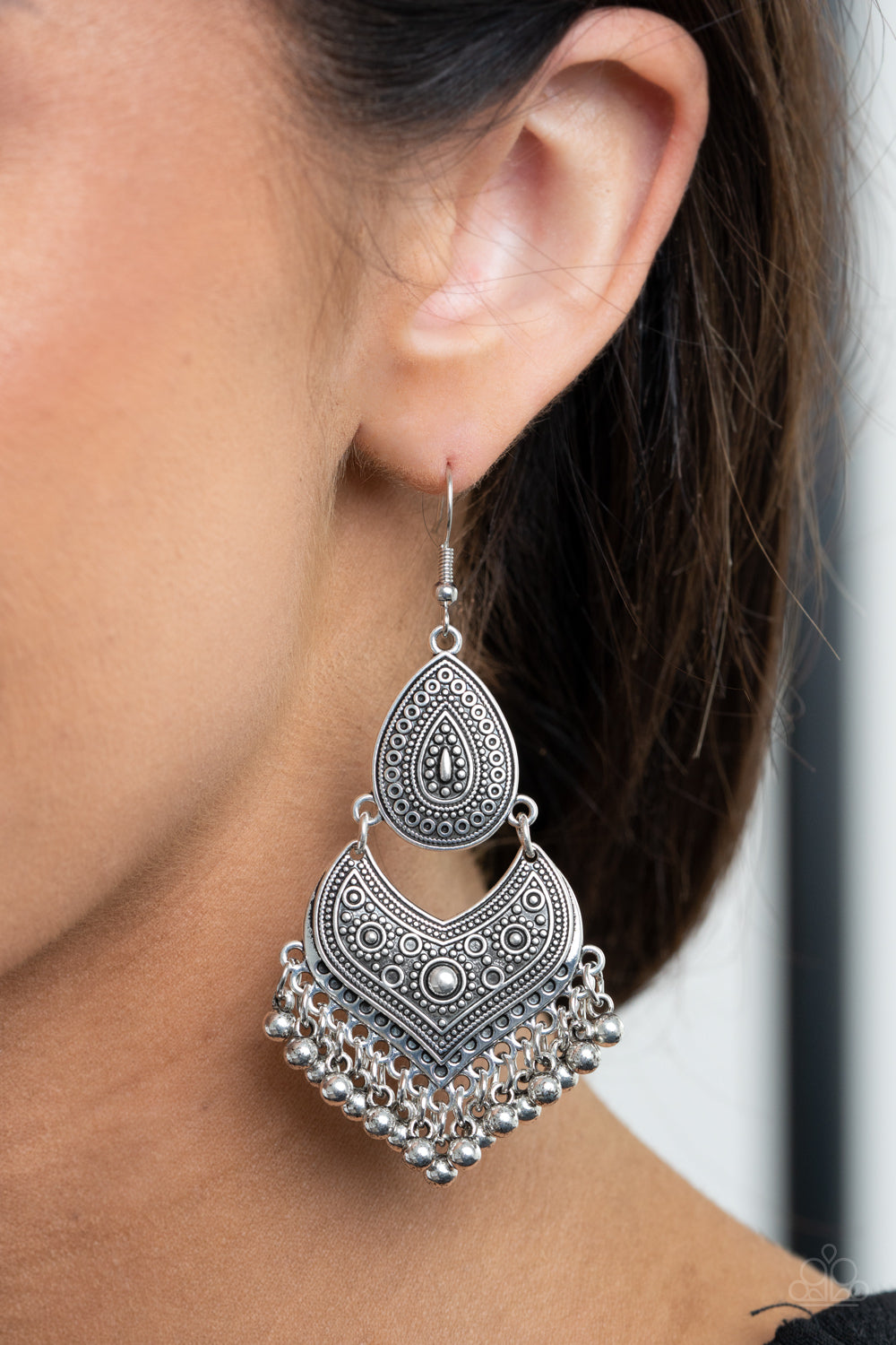 Music To My Ears - Silver Studded & Embossed Tribal Inspired Paparazzi Earrings