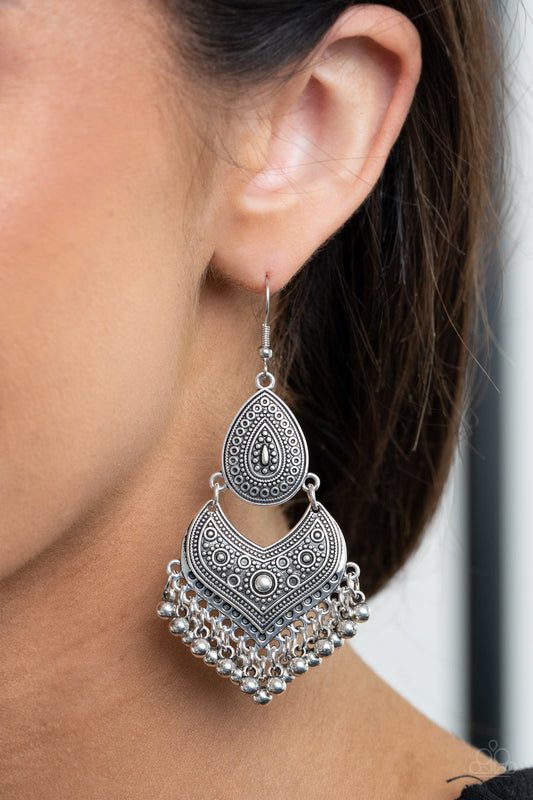 Music To My Ears - Silver Studded & Embossed Tribal Inspired Paparazzi Earrings
