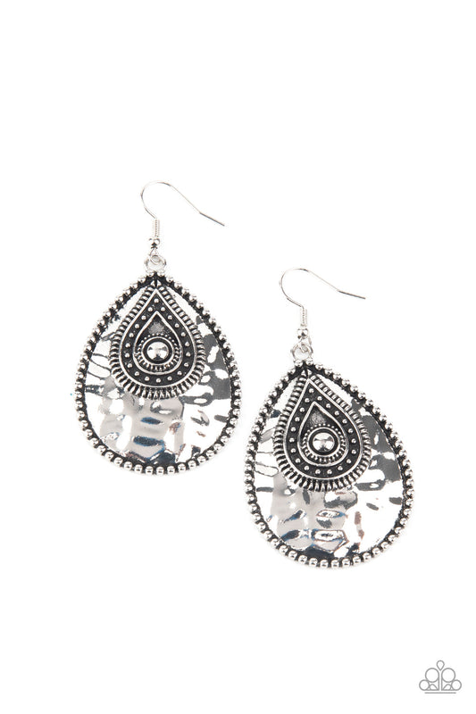 Rural Muse - Silver Studded & Hammered Rustic Embellished Teardrop Earrings