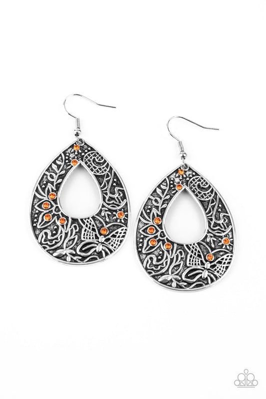 Botanical Butterfly - Orange Dainty Rhinestones/Butterfly & Floral Embossed Pattern Earrings