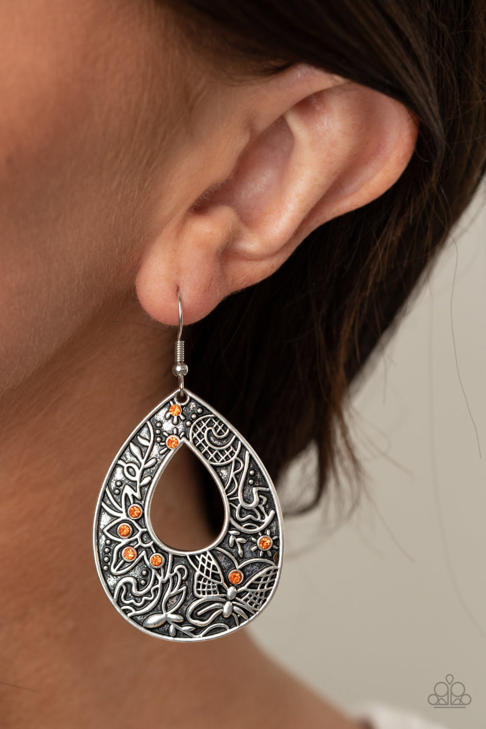 Botanical Butterfly - Orange Dainty Rhinestones/Butterfly & Floral Embossed Pattern Earrings