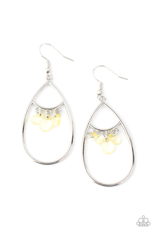 Shimmer Advisory - Yellow Faceted Teardrop Beaded Fringe/Silver Teardrop Frame Earrings