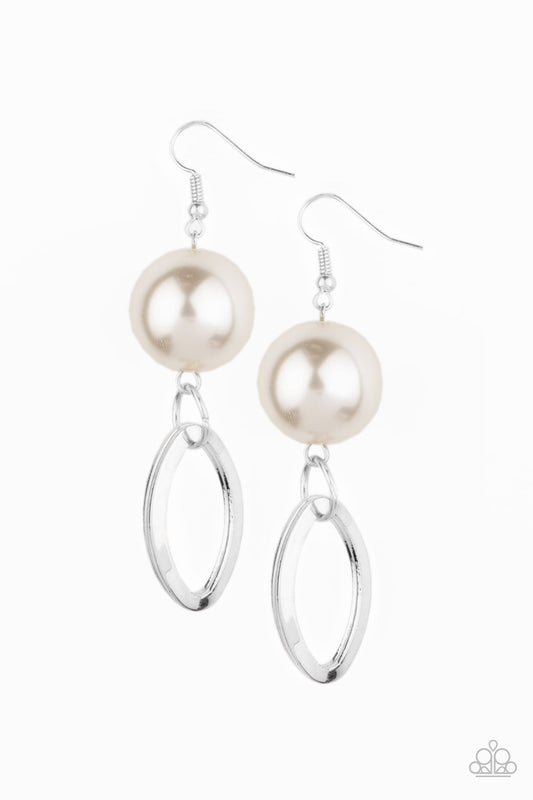Big Spender Shimmer - White Oversized Pearl/Dangling Silver Oval Earrings