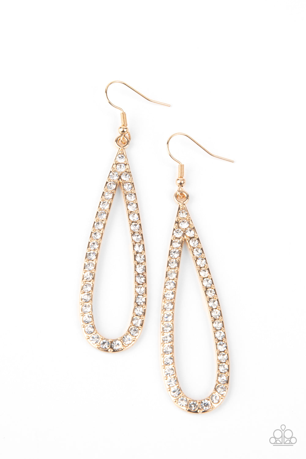 Glitzy Goals - Gold Elongated Teardrop/White Rhinestones Paparazzi Earrings