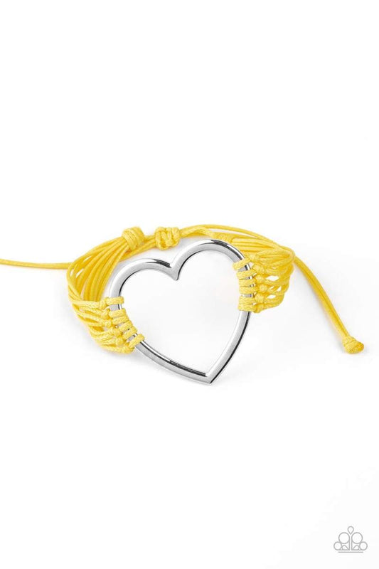 Playing With My HEARTSTRINGS - Yellow Knotted Cording/Oversized Silver Heart Charm Urban Bracelet