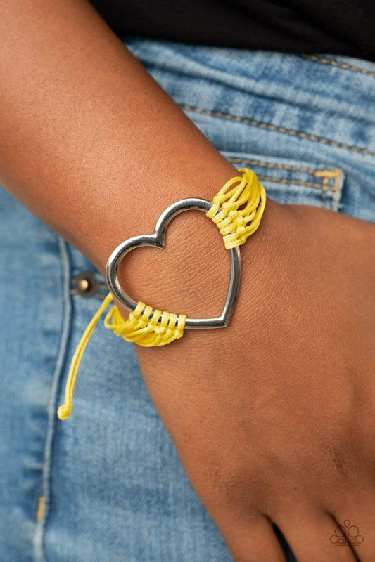 Playing With My HEARTSTRINGS - Yellow Knotted Cording/Oversized Silver Heart Charm Urban Bracelet