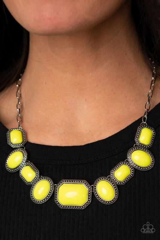 Lets Get Loud - Yellow Neon Oval & Rectangular Beaded Necklace & matching earrings