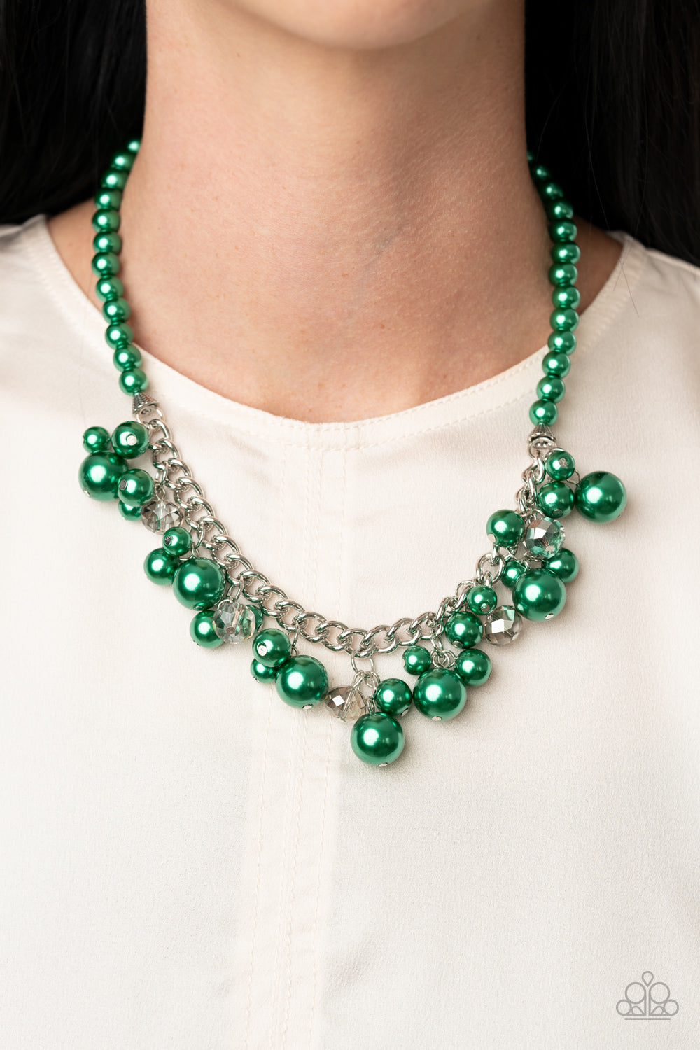 Prim and POLISHED - Green Pearls/Chunky Silver Chain/Smoky Metallic Crystals Necklace & matching earrings